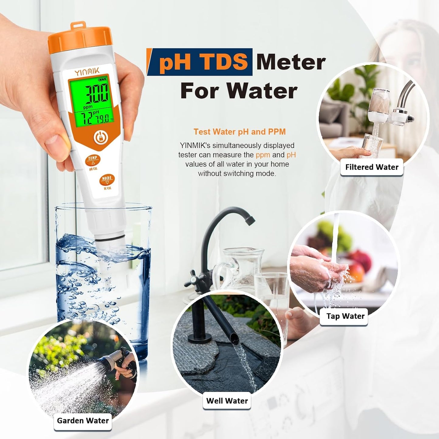 Hydroponics EC pH Tester, Simultaneous Display pH ppm for Base Reservoir Water, Continuous Monitoring of pH Conductivity Temp. ppm for Growing Nutrients, Indoor DWC System, Aeroponic Garden