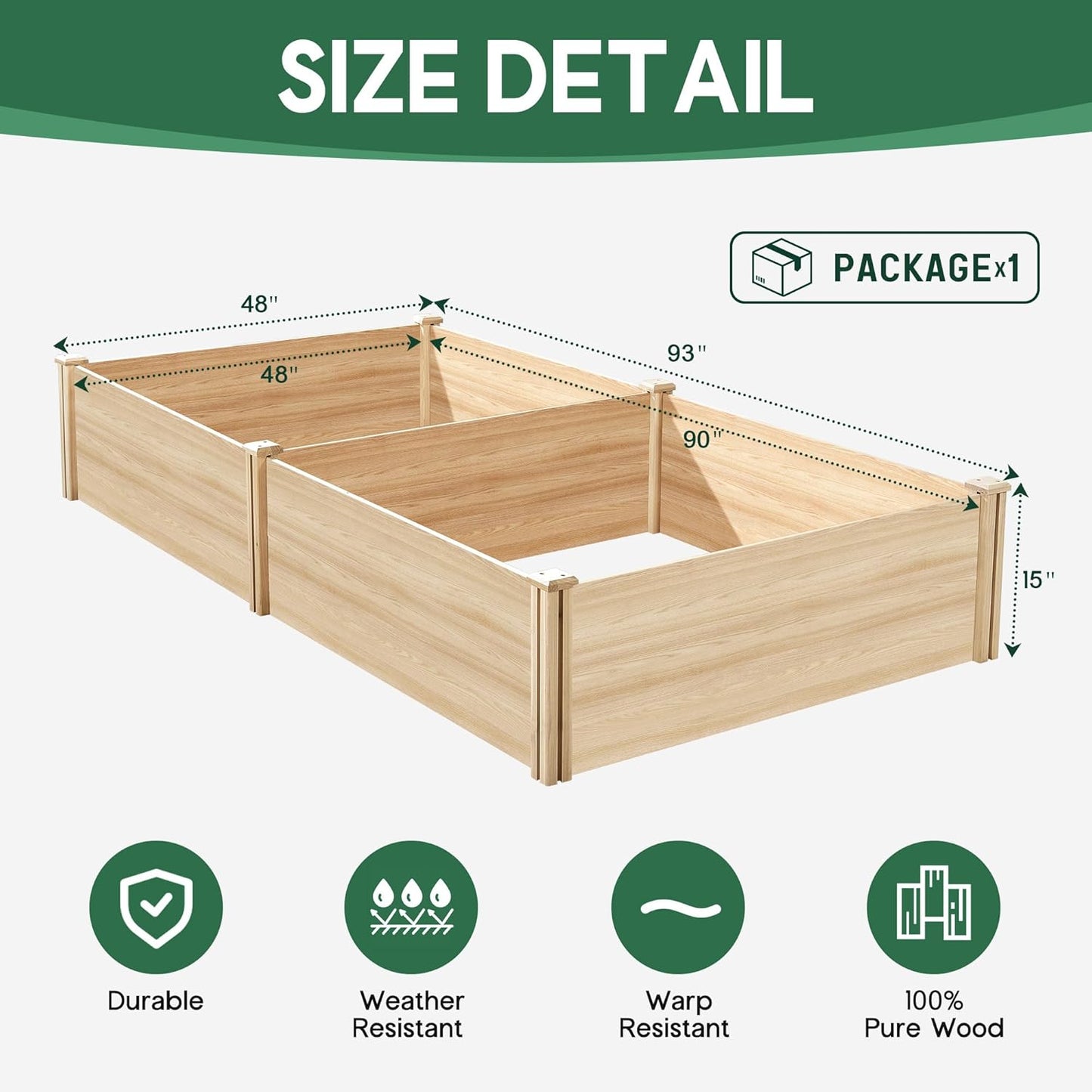 SPECRAFT 8x4 Ft Wood Raised Garden Bed, Durable 15 Inch Depth Planter Box for Vegetables, Herbs, and Flowers, Ideal for Outdoor Gardening with Open Base