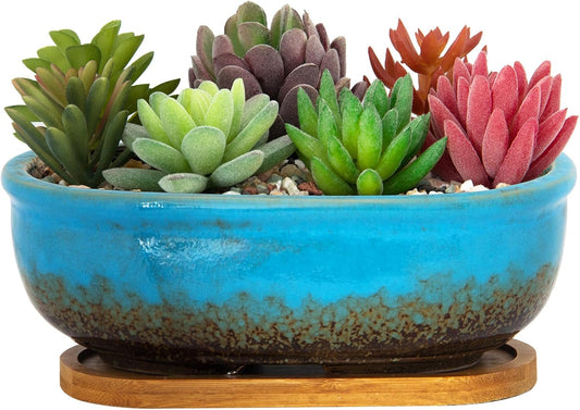 Succulent Pots, 7.9 Inch Long Rectangular Succulent Planters with Drainage Tray, Shallow Planters for Indoor Plants Ceramic Cactus Pots Glazed Bonsai Flower Plant Container for Home Windowsill Decor
