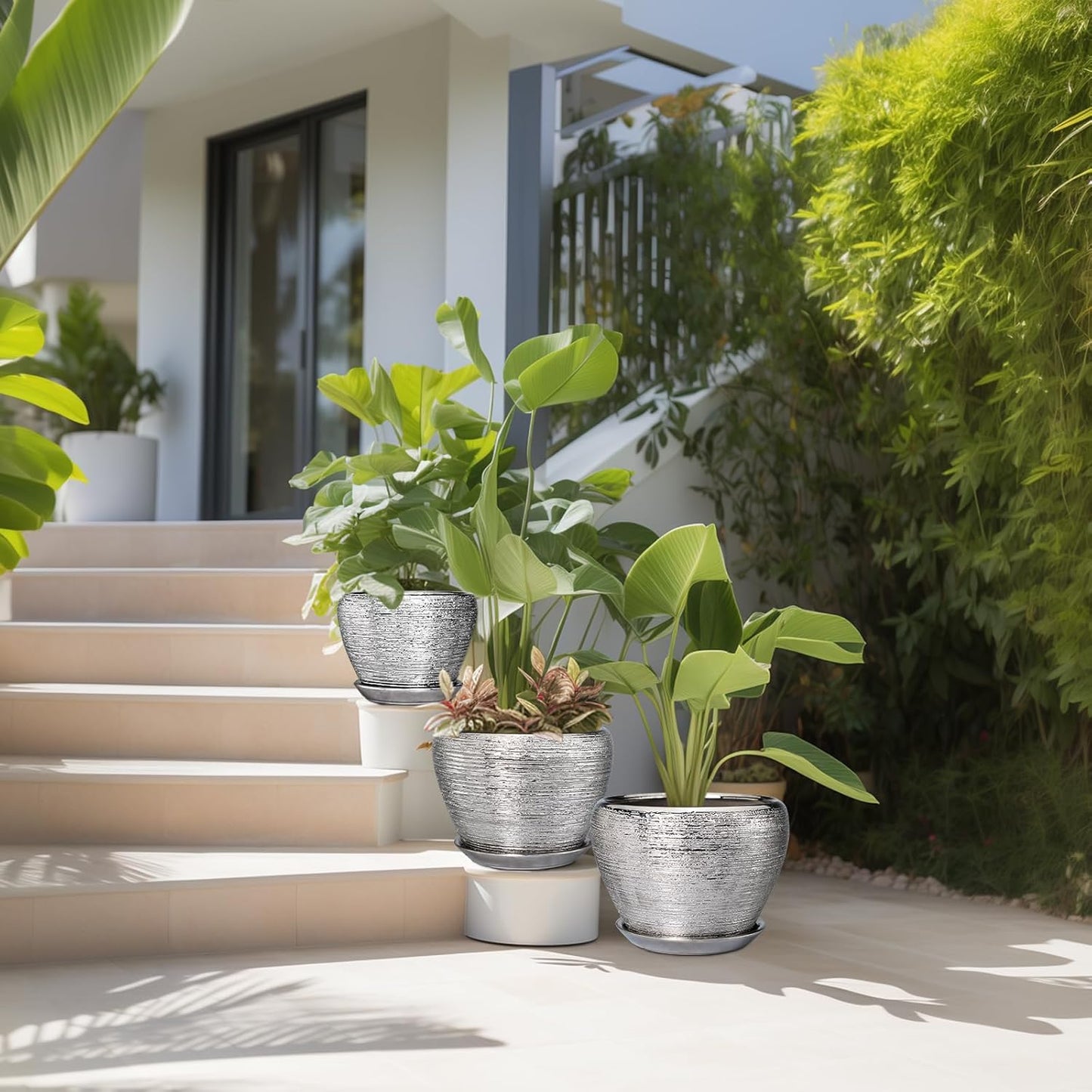 Ceramic Planters - 10 Inch 8 Inch 6 Inch Plant Pots Indoor with Drainage Holes and Saucer Mid-Century Large Planters Outdoor Flower Pots for Home Decor Set of 3 Silver