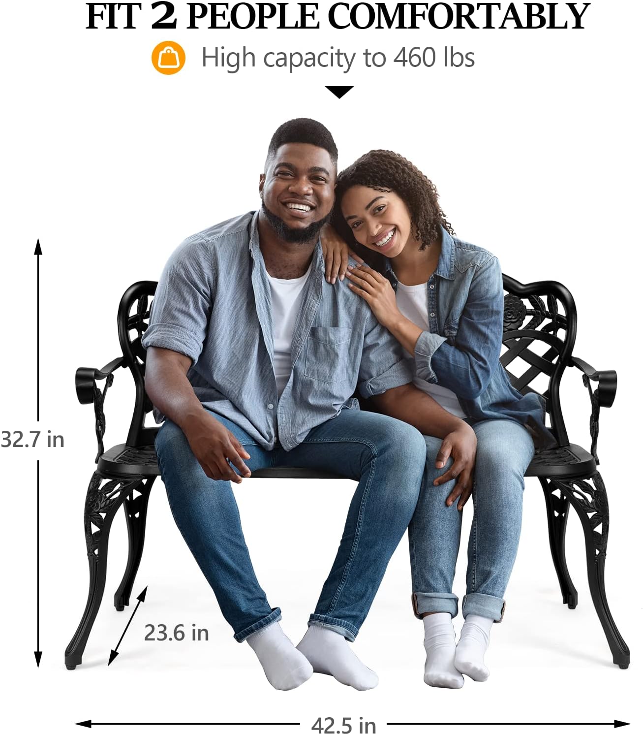 VINGLI 42.5" Patio Garden Bench Outdoor Metal Rose Loveseat, Cast Iron Cast Aluminium Frame Antique Finish Park Chair, Accommodates 2-3 People
