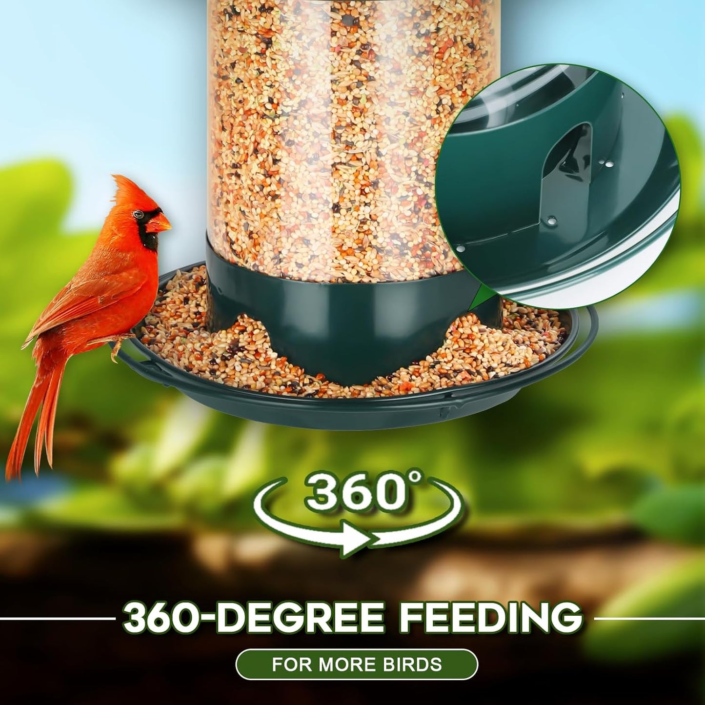 Metal Bird Feeders for Outdoors Hanging, Weather Resistant Wild Bird Feeder with 360 Degree Feeding Tray, Green