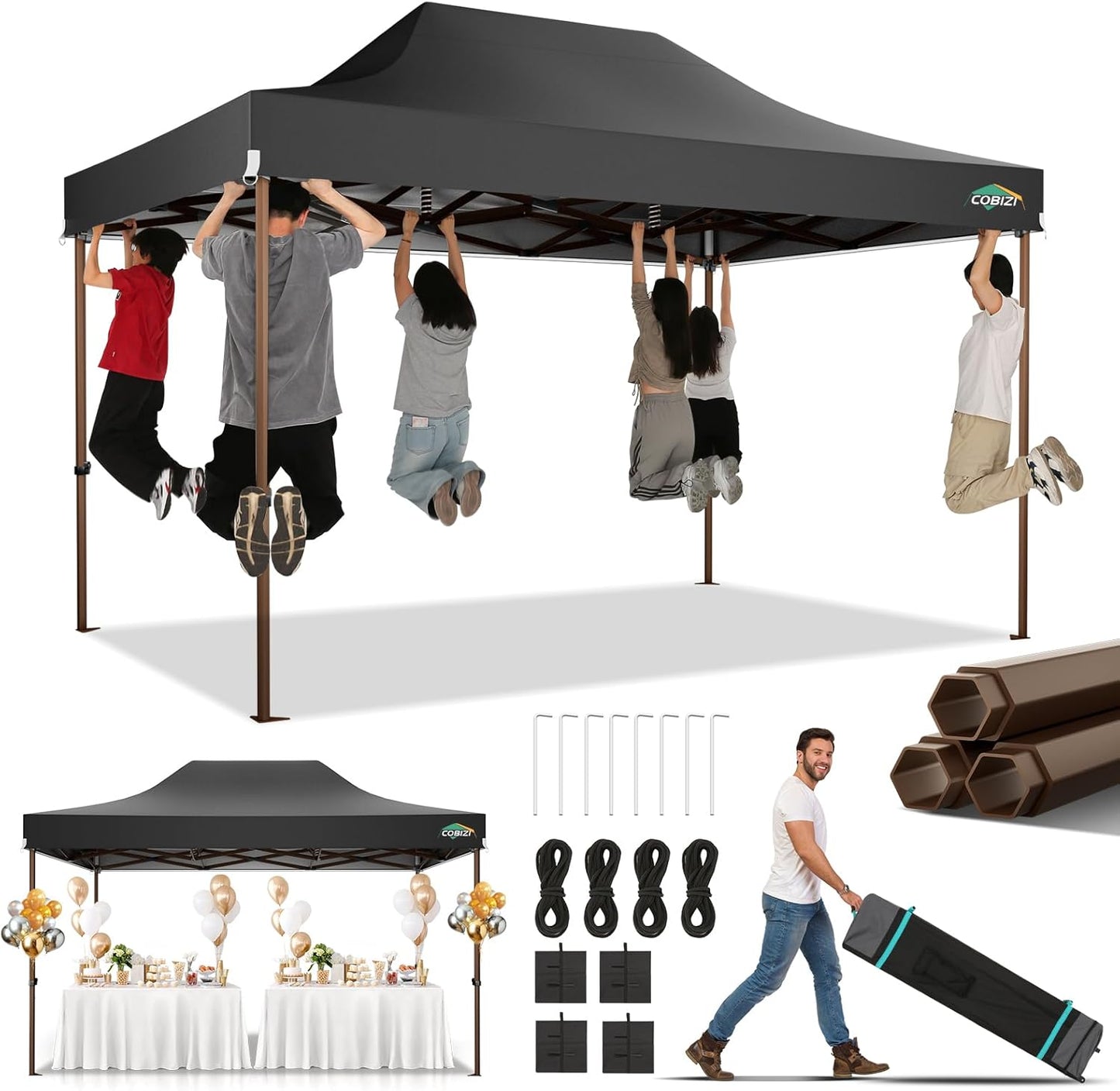 COBIZI 10x15 Pop Up Canopy Tent Heavy Duty Without Sidewall, Commercial Outdoor Easy Pop Up Gazebo for Party Wedding All Weather Waterproof UV 50+ with Roller Bag(Leg Upgraded),Black