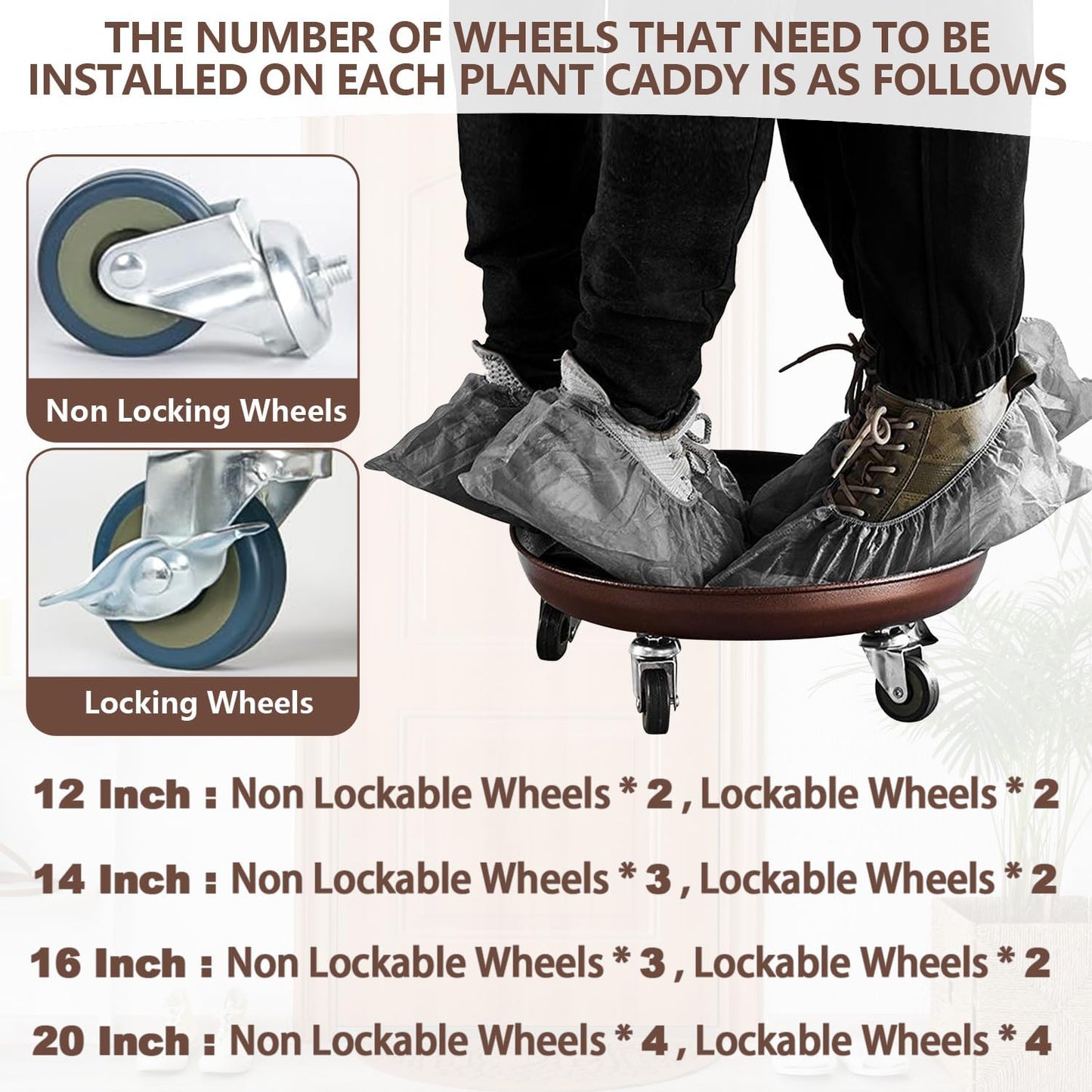 Heavy Duty Plant Caddy with Solid Rubber Wheels, Lockable, Increased Load Capacity, One-Minute Installation, Suitable for Indoor, Outdoor, Patio, Garden Settings, 16 Inches 3PACK, Brown