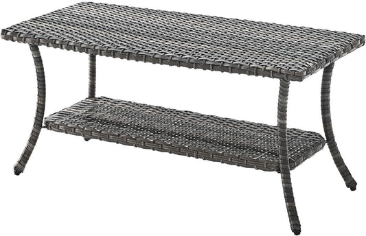 Patio Tables Outdoor Coffee Table - Wicker Rattan Coffee Tables with 2-Tier Storage Shelf Side Table for Porch Deck Balcony Garden Outside Rectangle Mixed Grey