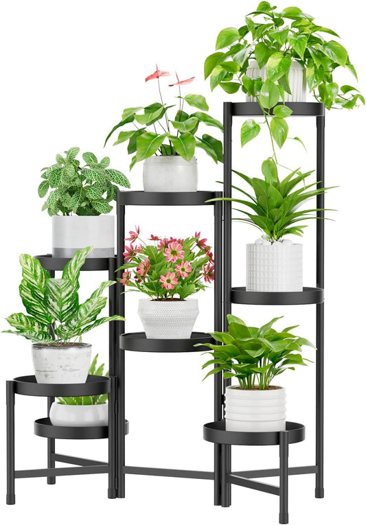 iDavosic.ly Plant Stand Indoor Outdoor, 8 Tier Corner Metal Flower Display Holder Shelf, Folding Tall Orchid Rack for Patio Balcony Porch Garden Living Room House, Black