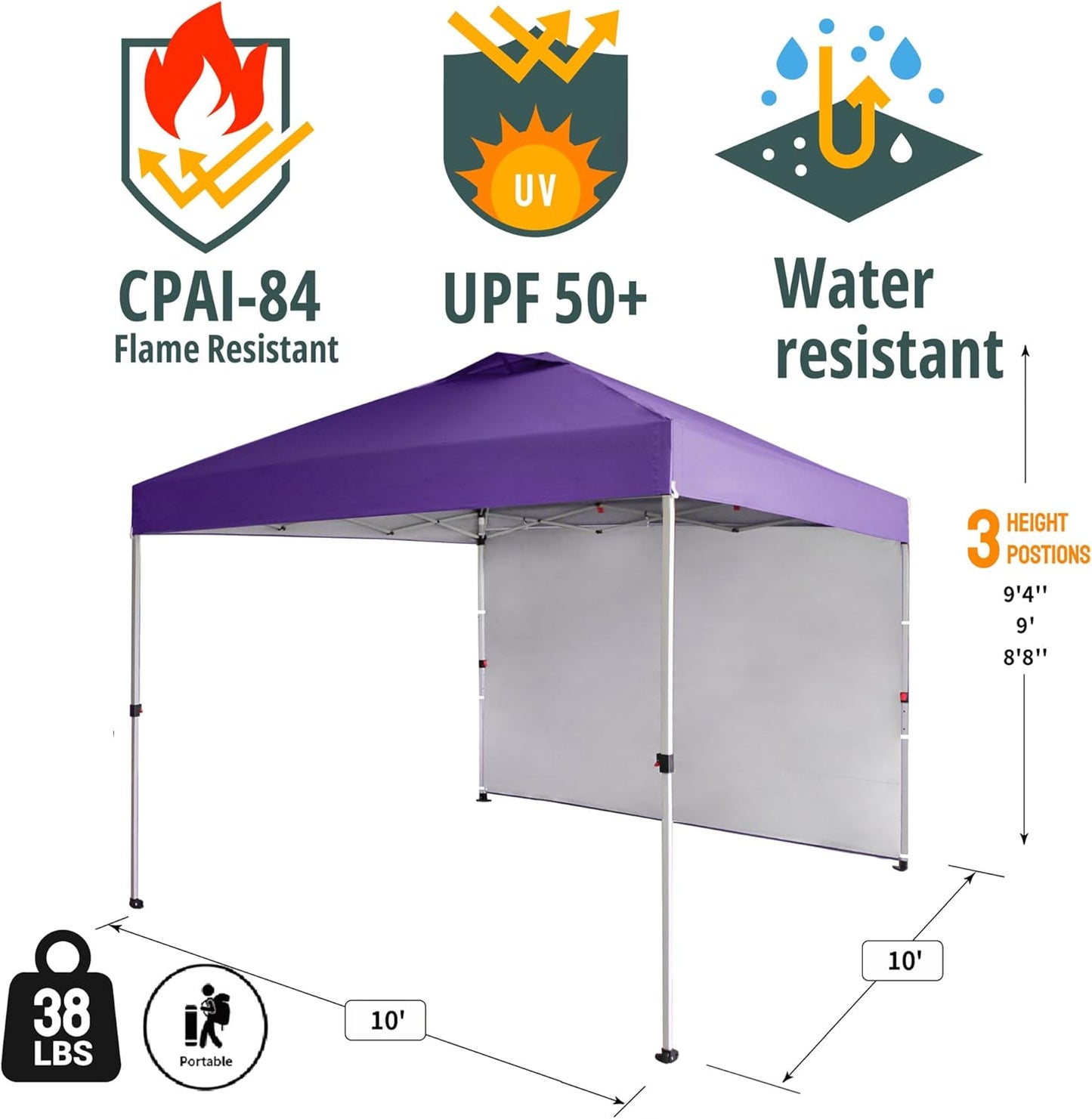 CROWN SHADES 10x10 Pop Up Canopy with 1 Side Wall - Beach Tent with One Push Setup - Outdoor Sun Shade for Events, Parties, Camping - Gazebo with STO-N-Go Cover Bag (Purple)
