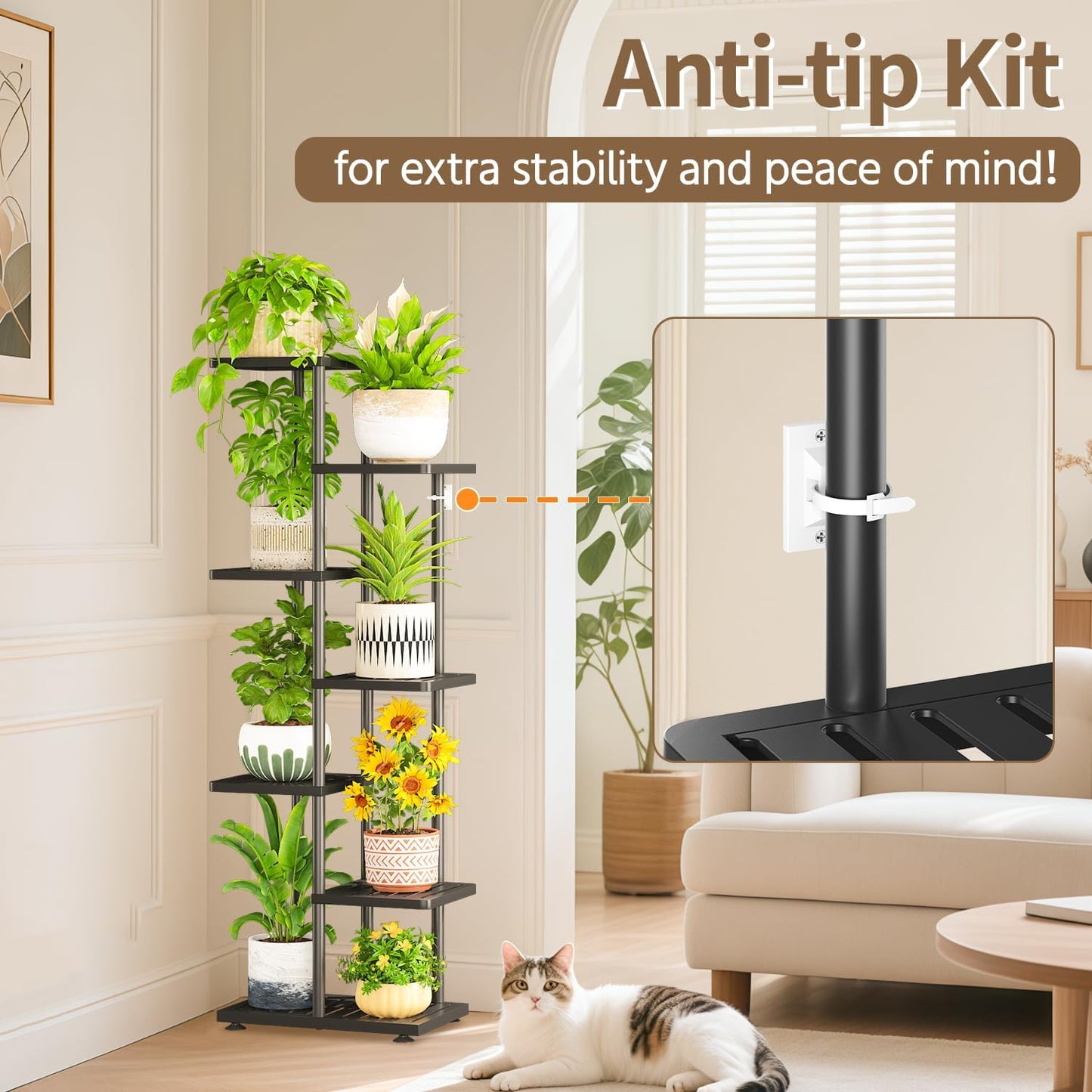 LASZOLA 6 Tier Plant Stand Indoors Outdoors for Large Heavy Duty Planter, Black Metal Tall Flower Holder Rack with Multiple Shelf for Modern Patio Corner, Vertical Organizer, Weather Resistant Bracket