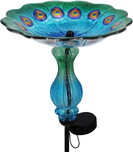 John's Studio Peacock Bird Bath for Outdoor - Glass Bowl Solar Light Cage Outside Dish Bird Feeder with Metal Stake for Garden, Yard and Patio - 32 inches