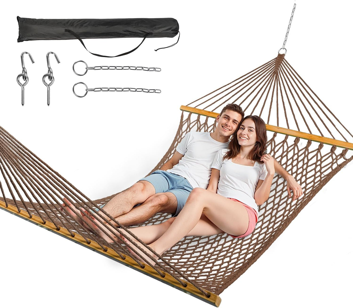 Double Hammock for 2 Person, Handwoven Cotton Rope Hammock with Spreader Bar - Indoor & Outdoor Use for Patio, Poolside, Backyard (Brown)