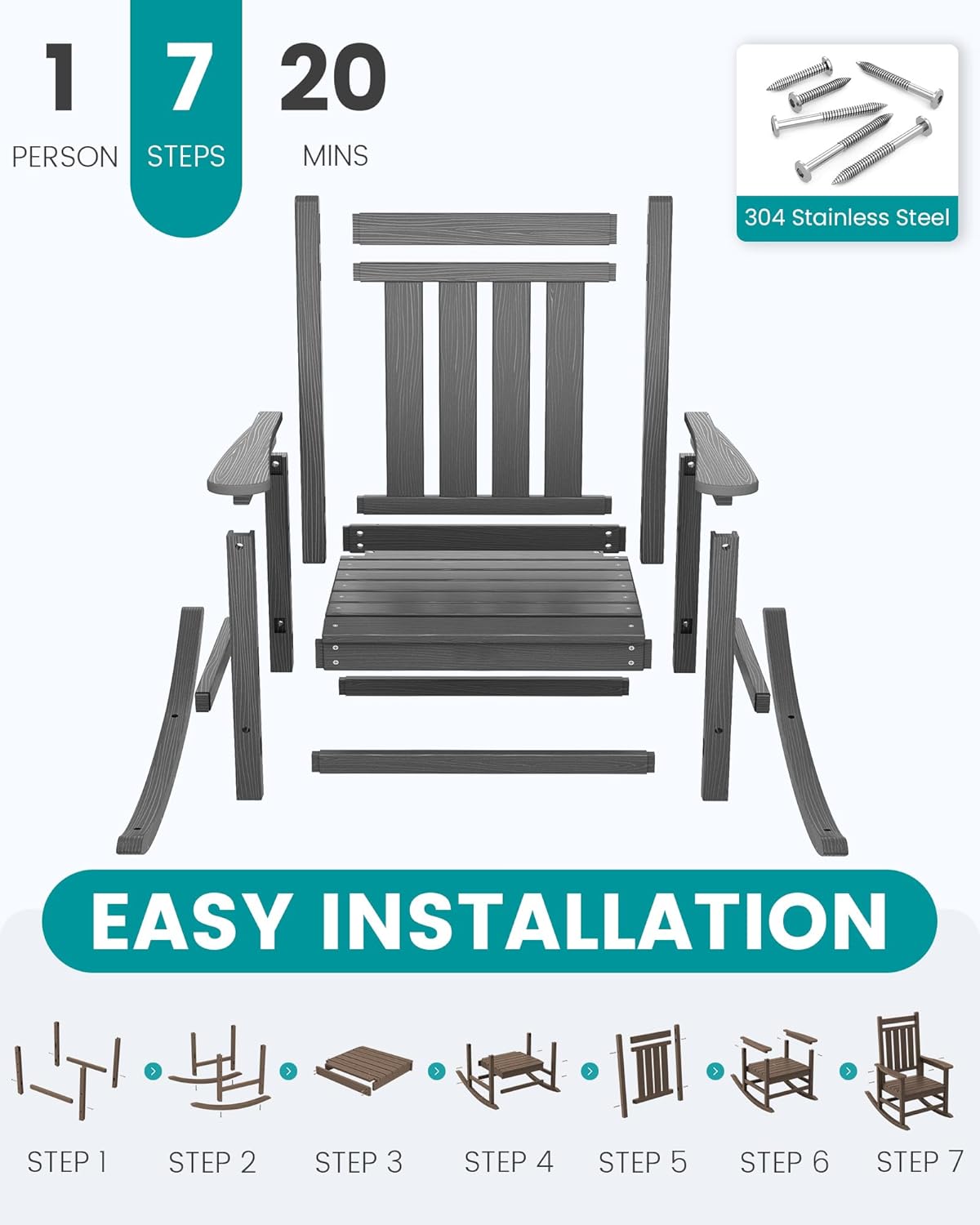 SERWALL HDPE Outdoor Rocking Chair Set of 8, Patio Rocking Chairs for Adults, All Weather Outdoor Rockers for Lawn, Grey