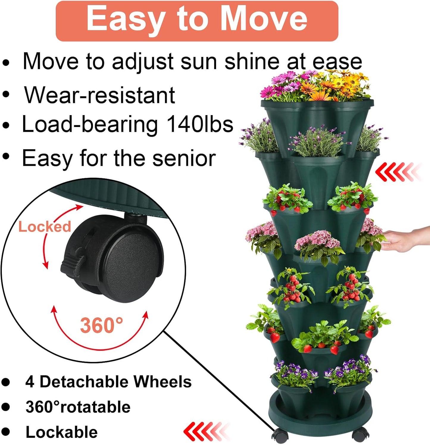 Vertical Planter, 7 Tier Stackable Strawberry Planter with Garden Tool Set, Movable Indoor/Outdoor Garden Herb Pot for Growing Vegetables and Succulents, Green