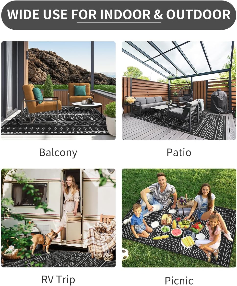 Outdoor Rug Carpet Waterproof 8x10 ft Patio Rug Mat Indoor Outdoor Area Rug for RV Camping Picnic Reversible Lightweight Plastic Straw Outside Rug for Patio Decor Decoration Boho Rug Black White