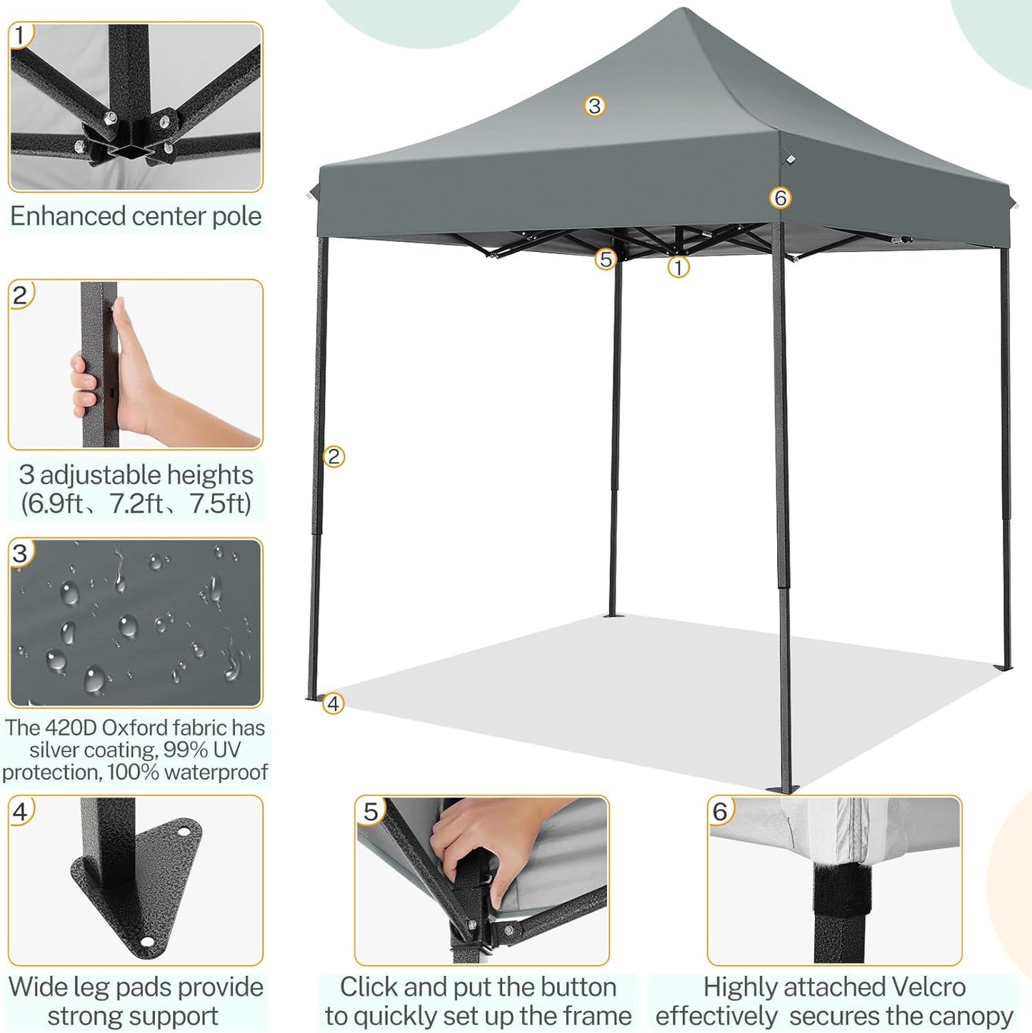 COBIZI 6.6x6.6 Pop up Canopy Heavy Duty Without Sidewalls, Easy Set-up Commercial Outdoor Party, 100% Waterproof Wedding Canopy Gazebo, 3 Height Adjustable with Carry Bag, Gray