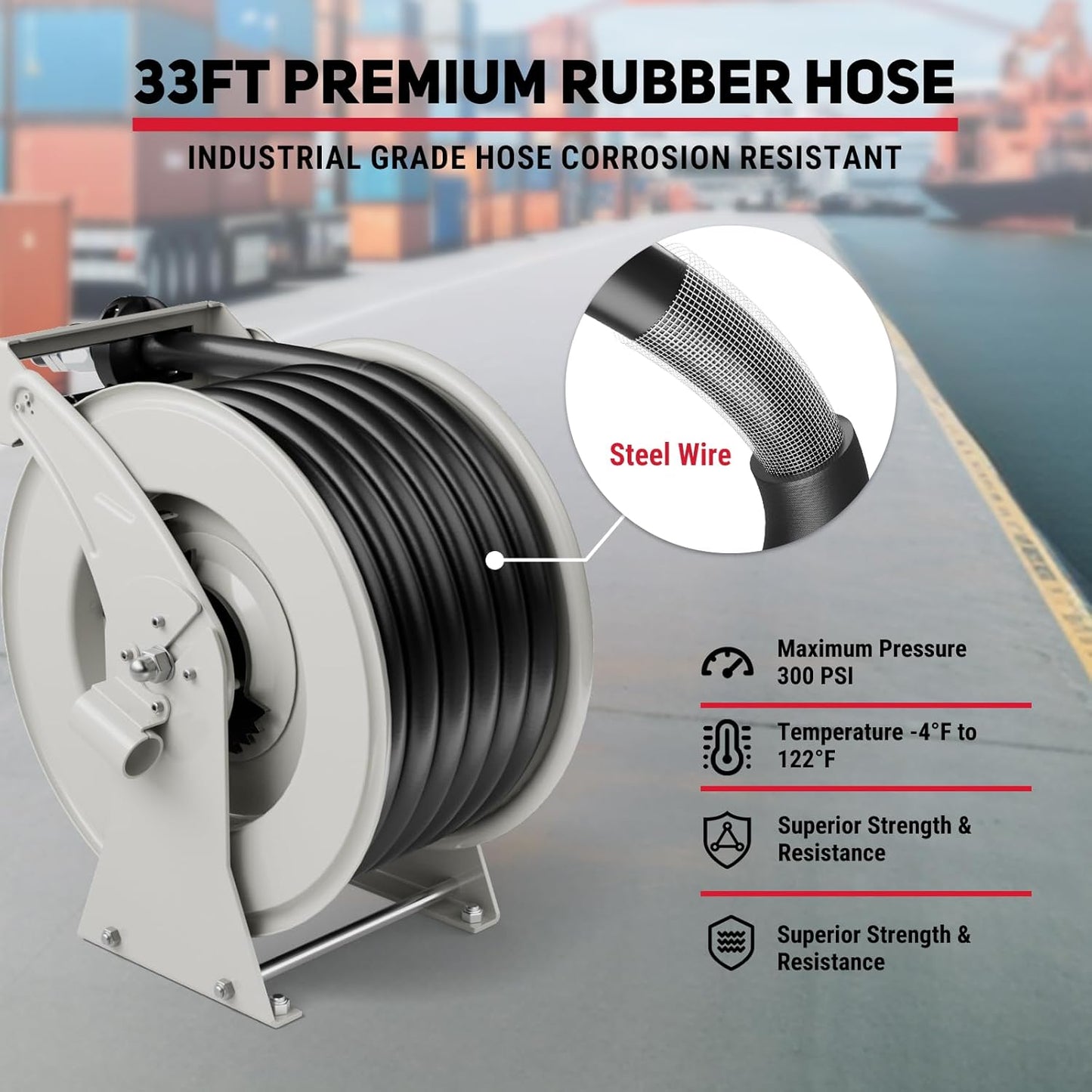 Fuel Hose Reel 1" x 33', 300 PSI Heavy-duty Steel Construction with Refueling Nozzle, Diesel Fuel Reel Used for Aircraft Ship Vehicle Tanker Truck