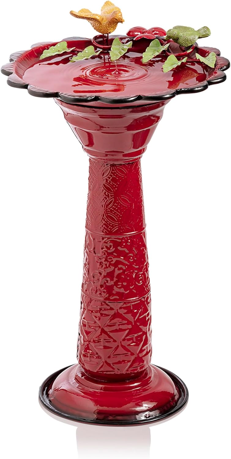 Alpine Corporation - 28" Tall Outdoor Metal Birdbath with Birds and Leaves Yard Statue Decoration, Red – Stunning Garden Accent to Attract Birds - Durable Construction for Patio, Deck, or Yard