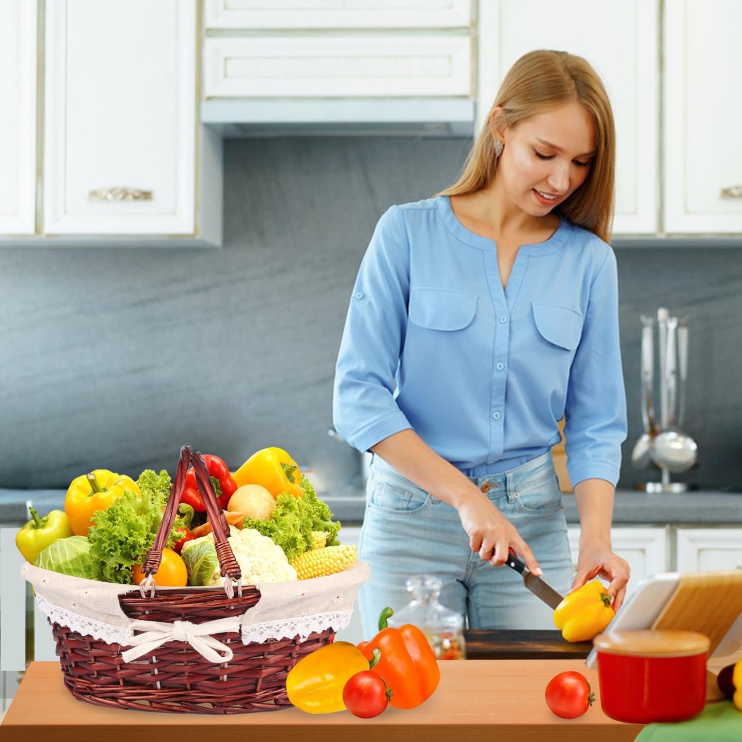 2 Pack Medium Size Wicker Basket with Handle, 12.6x9x4.7 in Wicker Picnic Basket with Liner, Empty Gift Basket, Oval Willow Woven Basket for Fruit, Candy, Wine, Gathering, Wedding, Picnic,by GNIEMCKIN