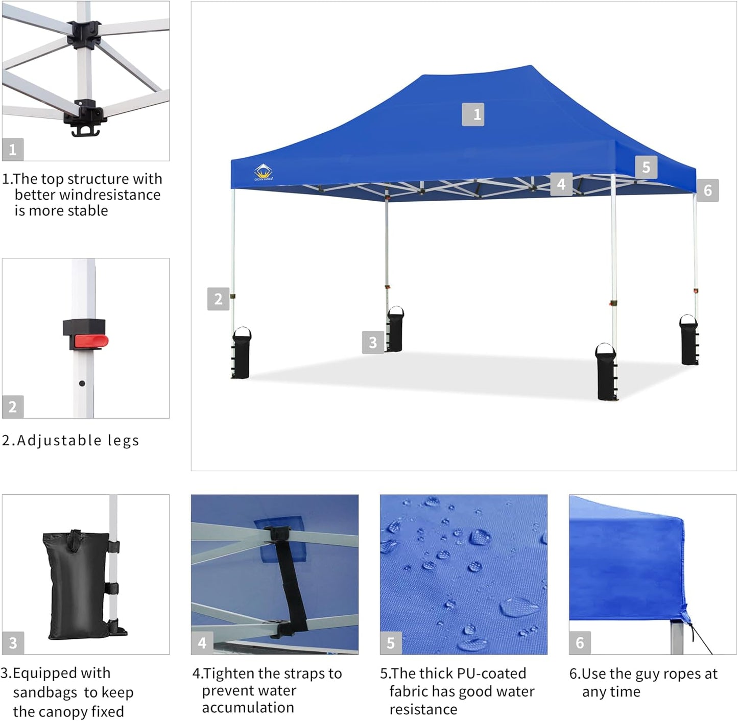 CROWN SHADES 10x15 Pop Up Canopy Tent, Thicken Frame Commercial Heavy Duty Tent, 8 Stakes & 4 Sandbags & 4 Ropes, Outdoor Canopies for Events, Parties,Blue
