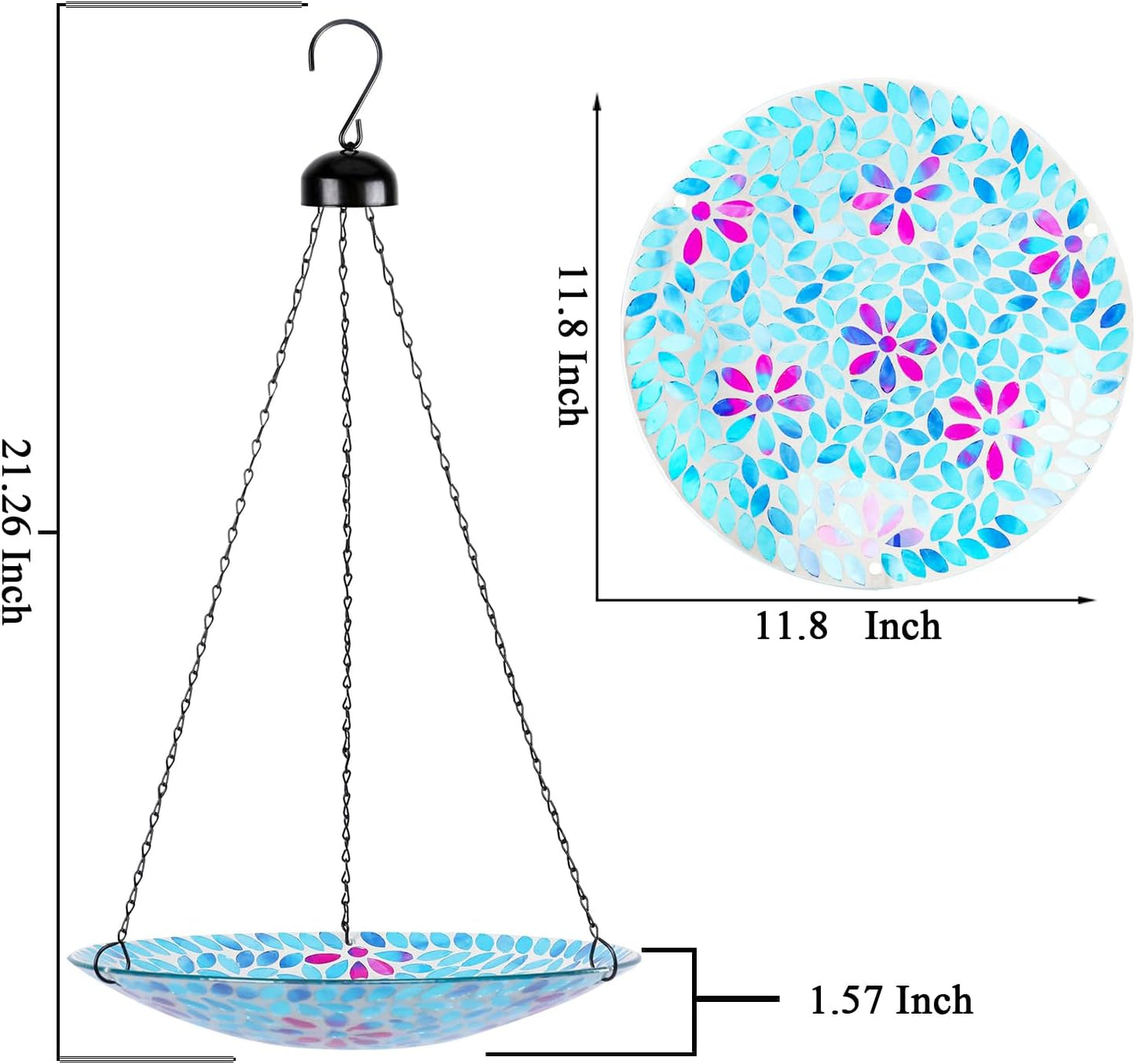 VCUTEKA Hanging Bird Bath, Glass Mosaic Bird Baths for Outdoors Birdfeeder with 21 inch Rust-Proof Chain for Garden Yard Decor, Flower
