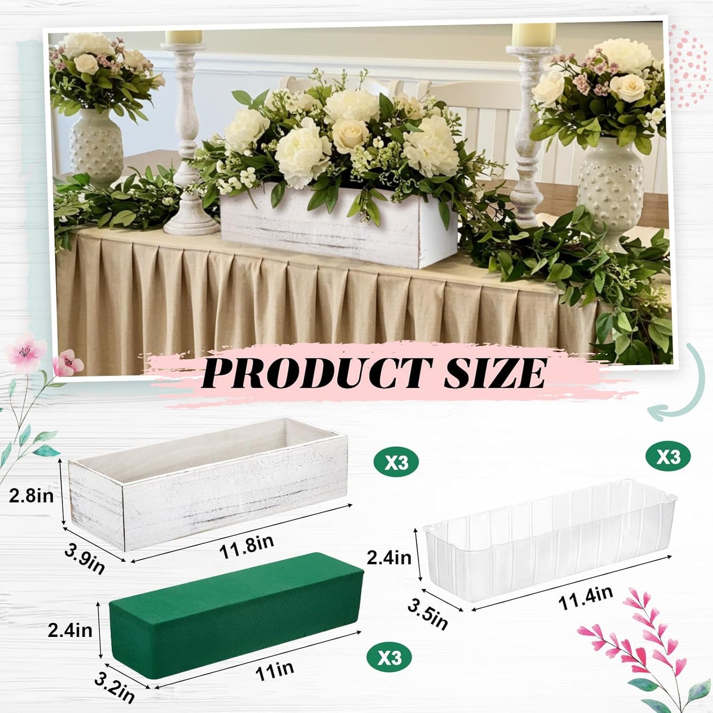 Dandat 3 Set Wood Boxes for Centerpieces 12x4 Inch Rectangle Wooden Planter Box Rustic Wooden Planters with Removable Plastic Liner Floral Foam Blocks for Home Wedding Garden Decor