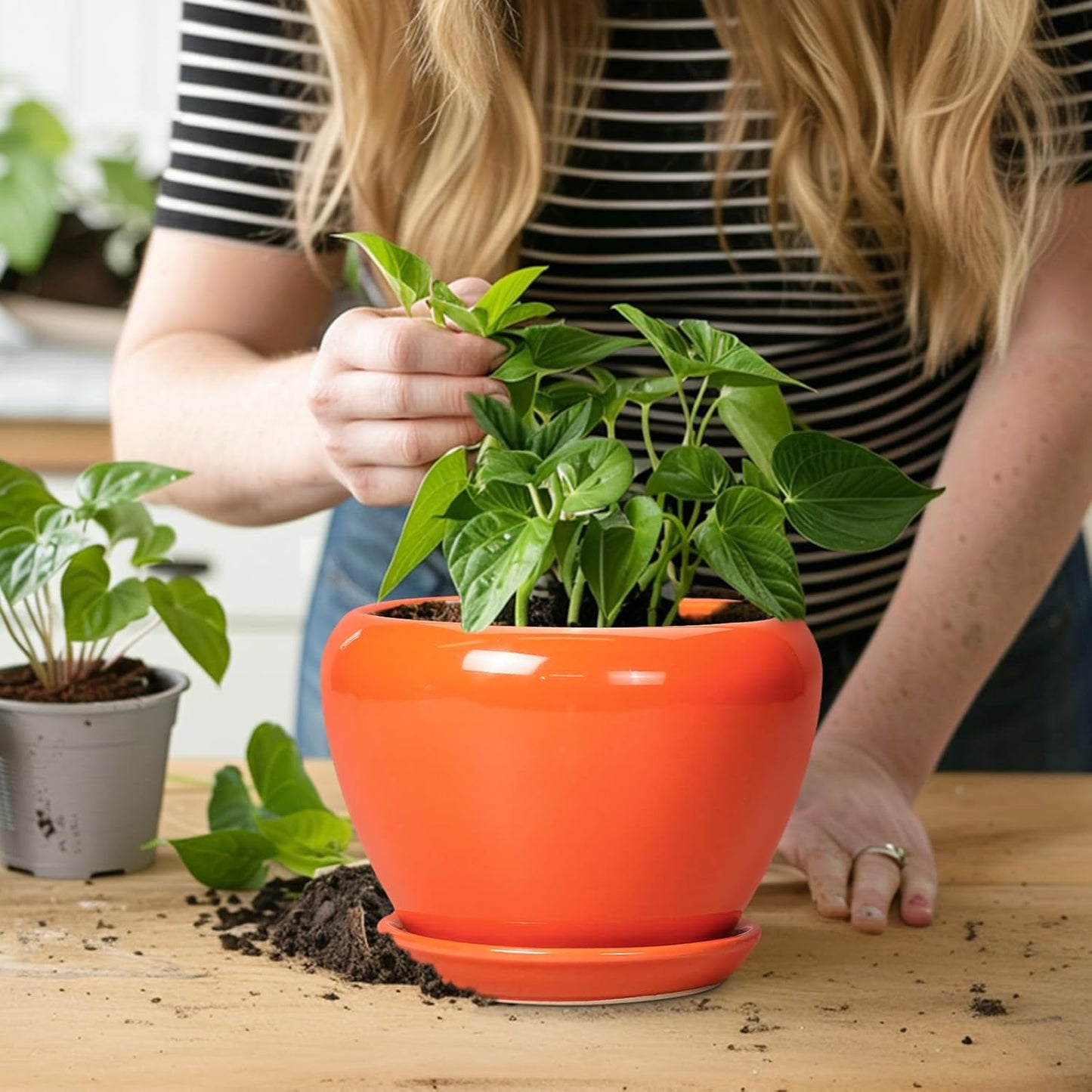 Ceramic Plant Pot 6 Inch - Ceramic Planter for Indoor Plants Outdoor, Glaze Round Modern Flower Pot with Drainage Hole and Saucer, Gift for Plant Lover, Home Garden Room Decor, Orange
