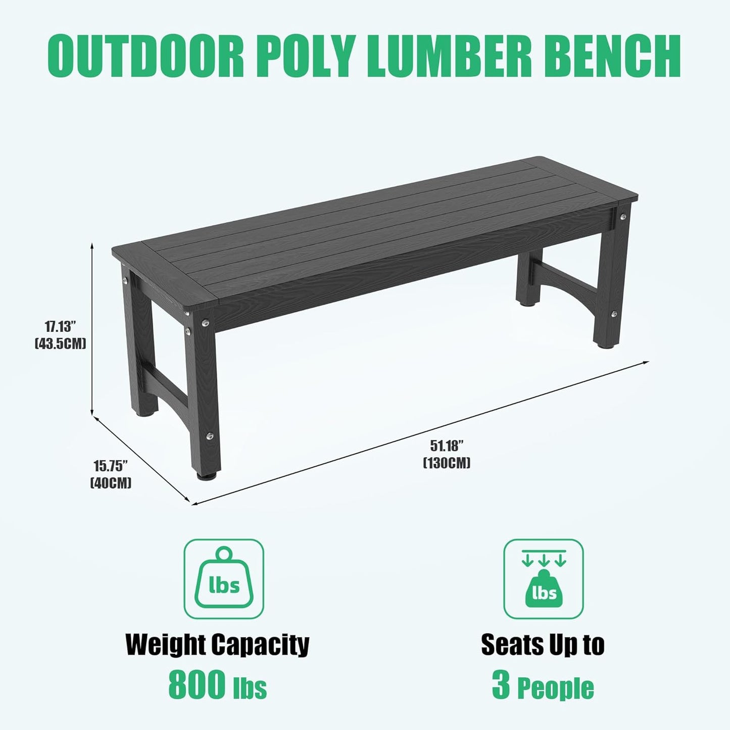51" HIPS Outdoor Bench Weatherproof,All-Weather 2-Person Patio Dining Bench Holds up to 800LBS,Poly Lumber Garden Bench,Never Rot or Fade, Park Bench with Wood Grains for Porch, Garden, Deck, Entryway