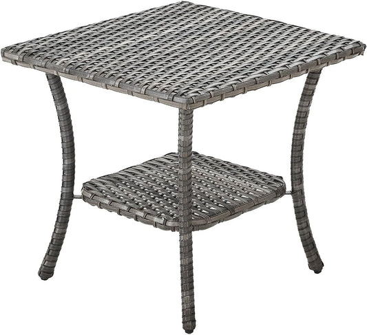 Patio Tables Outdoor Coffee Table - Wicker Rattan Side Tables with 2-Tier Storage Shelf End Table for Porch Deck Balcony Garden Outside Square Mixed Grey