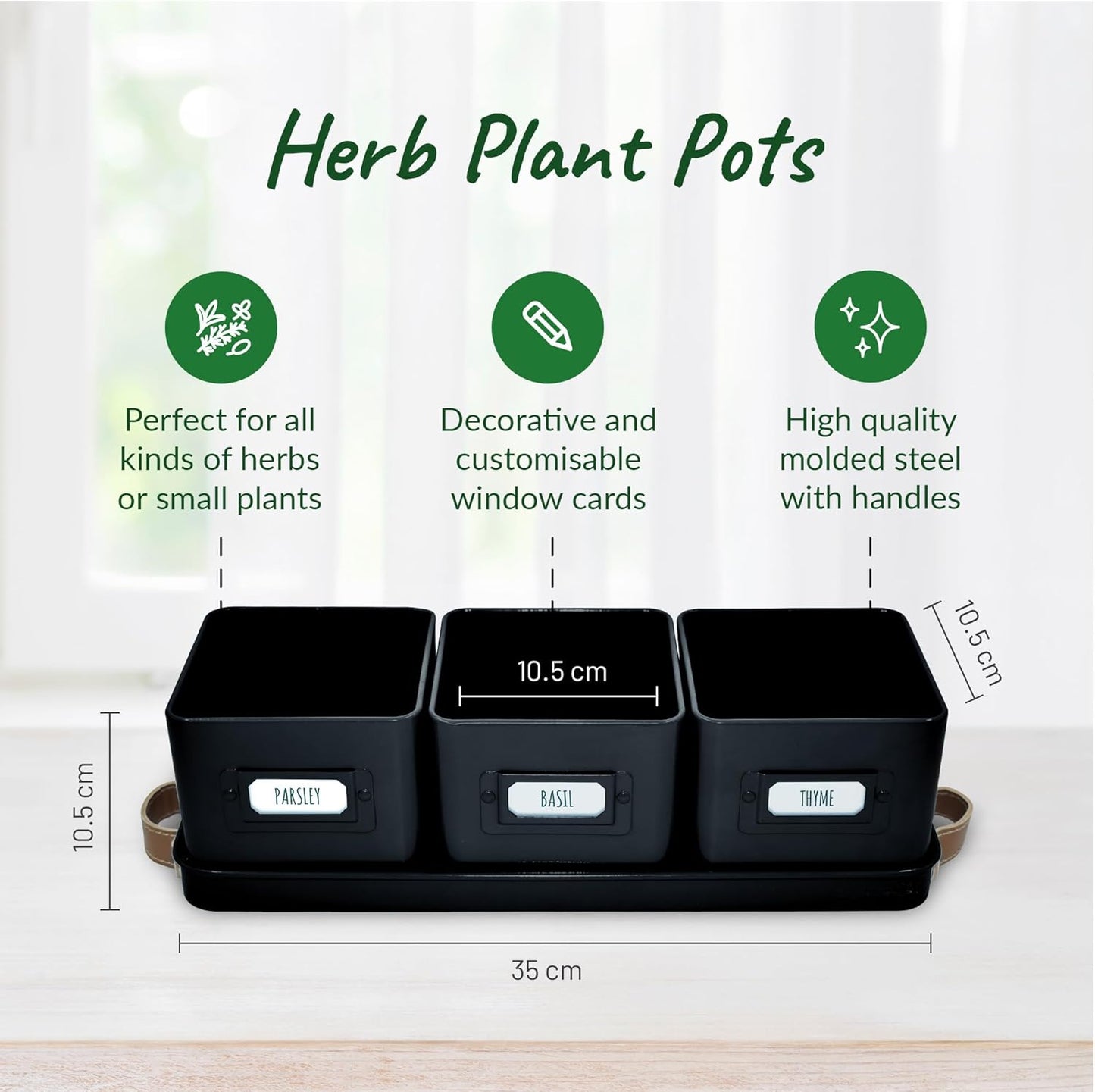 Herb Planter Indoor - Set of 3 Black Indoor Herb Garden Pots for Plants with Leather Handled Tray - Window Sill Plant Shelf - Pots with Drainage Holes and Labels