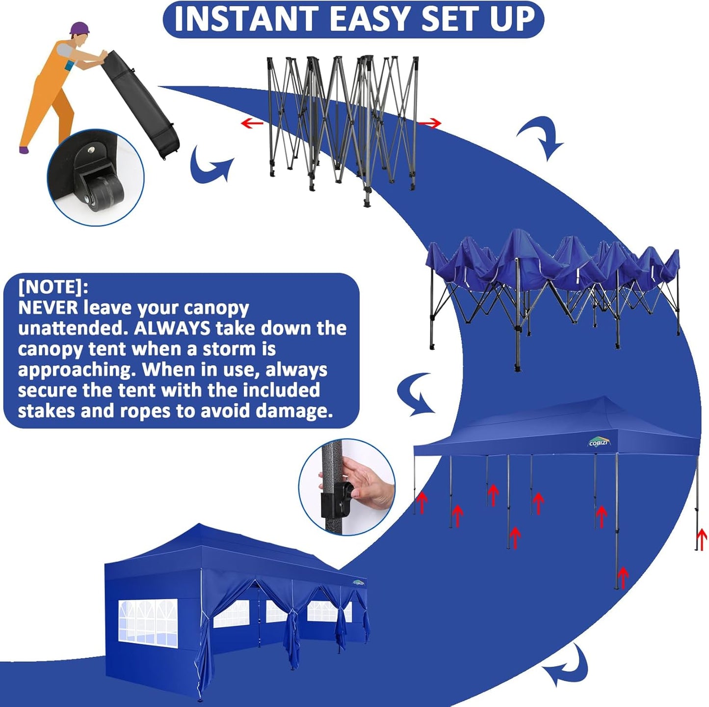 COBIZI 10x30 Pop Up Canopy with 8 Sidewall,Heavy Duty Canopy UPF 50+ All Season Wind Waterproof Commercial Outdoor Wedding Party Tents for Parties Canopy Gazebo with Roller Bag(10 x 30 ft Dark Blue)