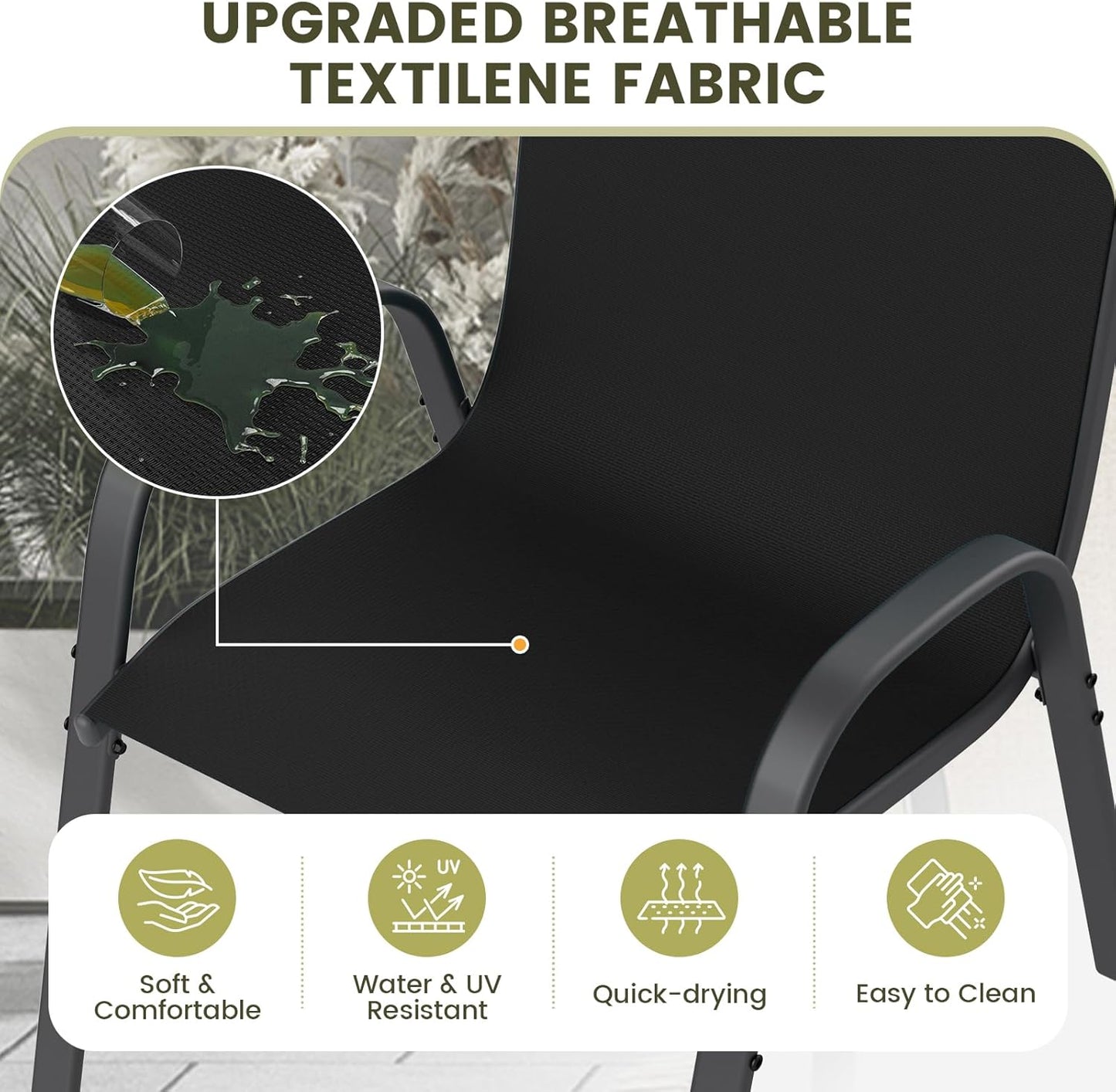 UDPATIO Patio Dining Set of 7, Outdoor Table and Chairs Set with Square Metal Table, 6 Stackable Patio Chairs with High Back, Outdoor Furniture for Deck Garden Backyard Lawn Poolside (Black)