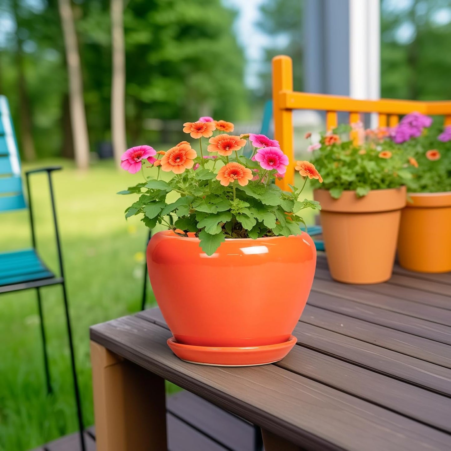 Ceramic Plant Pot 6 Inch - Ceramic Planter for Indoor Plants Outdoor, Glaze Round Modern Flower Pot with Drainage Hole and Saucer, Gift for Plant Lover, Home Garden Room Decor, Orange
