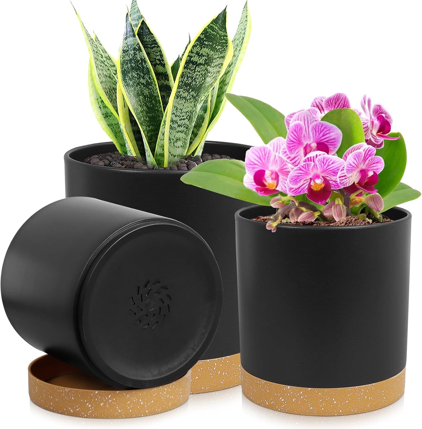 3 Pack 6/5/4 inch Cylindrical Flower Pots, Modern Small Round Plastic Plant Pots with Drainage Holes & Saucers, Clean and Refined Planter Pots for Outdoor, Indoor & Office Decor (Black Brown)