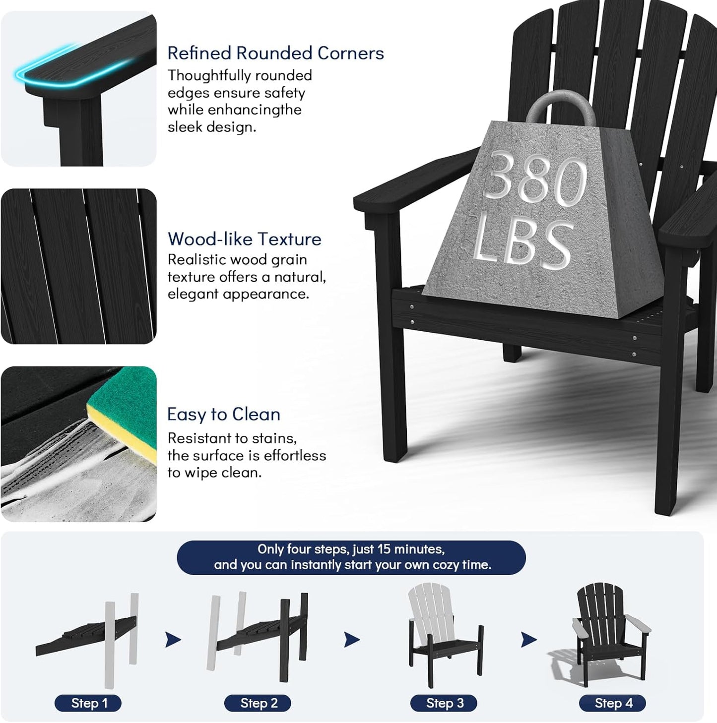 Stackable Adirondack Chair Set of 2, HDPE Outdoor Patio Chair - Durable and Space Saving, Suitable for Porches, Lawns or Garden, Black