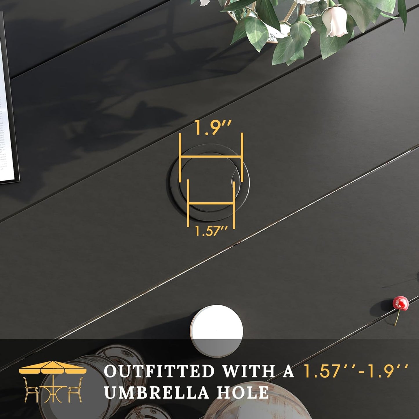 VICLLAX Patio Dining Set for 6, Outdoor Furniture Set Includes 47.2" Round Patio Table and 6 Patio Sling Chairs, Black Tabletop and Brown Fabric