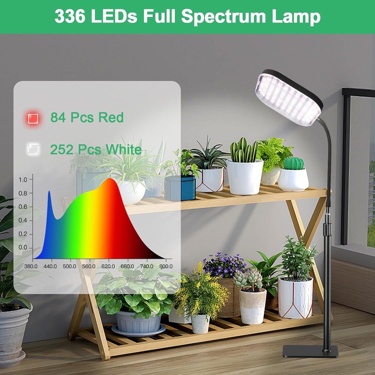 Upgraded Super Bright Grow Lights, 6000K Full Spectrum Standing Floor Plant Light with 336 LEDs & Flexible Gooseneck for Indoor Large Plants, Dimmable & Timer 4/8/12Hrs, 12V 3A High Power Output