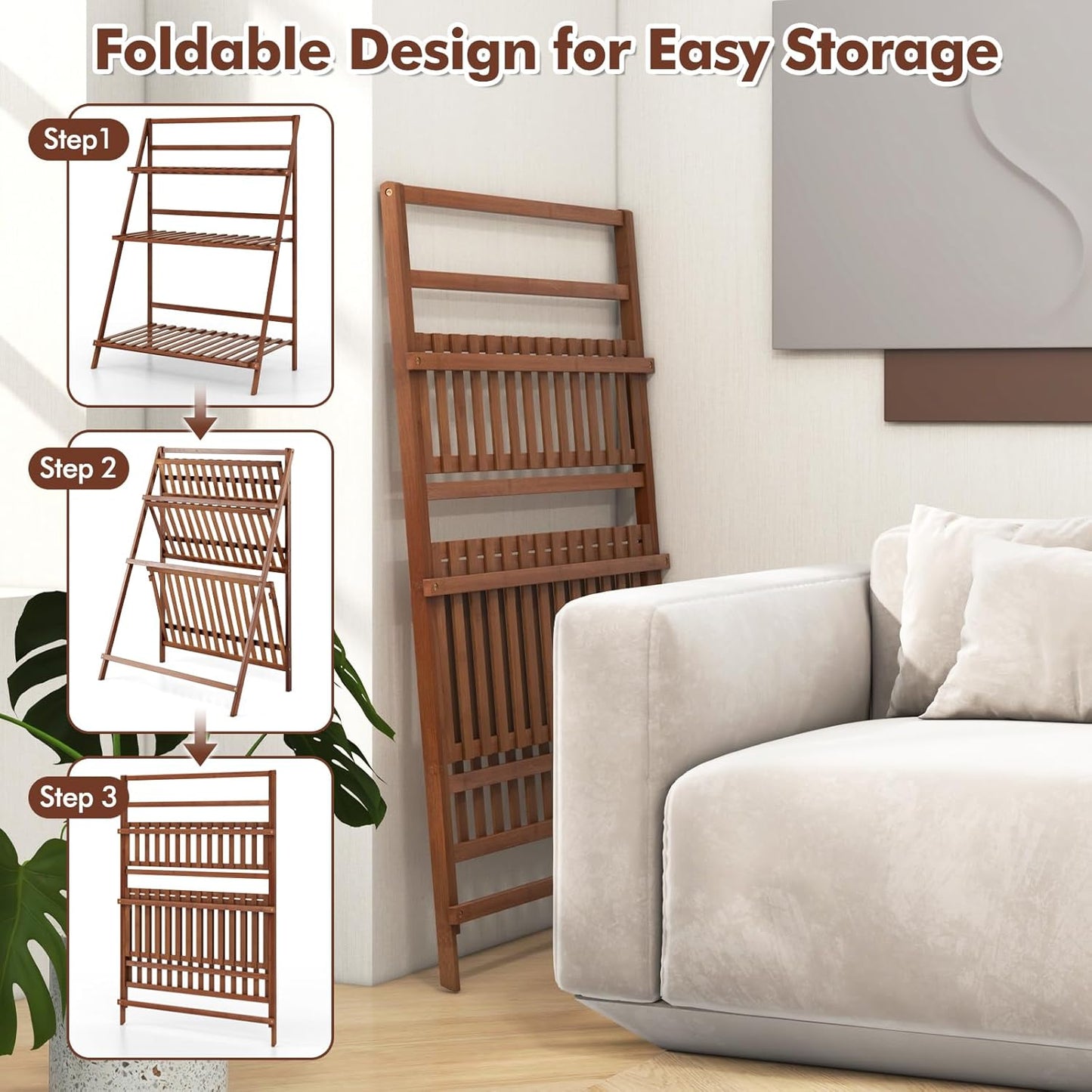 COSTWAY Bamboo Plant Stand, Foldable Multifunctional Flower Display Ladder Shelf, 3-Tier Storage Rack