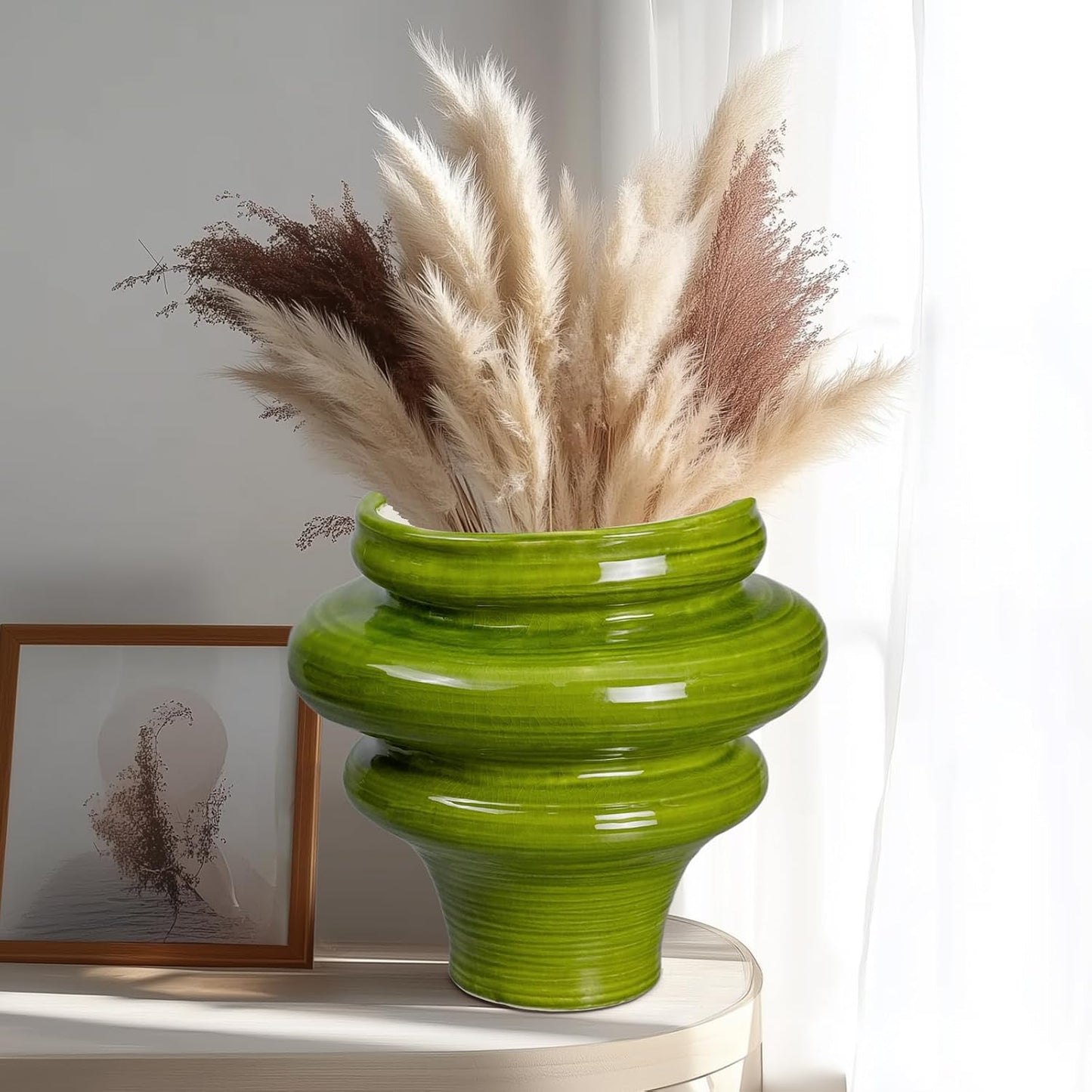 Ceramic Pot for Plants 11 Inch - Plant Pot for Indoor Outdoor, Decorative Bonsai Planter with Drainage Hole, Flower Pots for Office, Gift for Men Women, Green