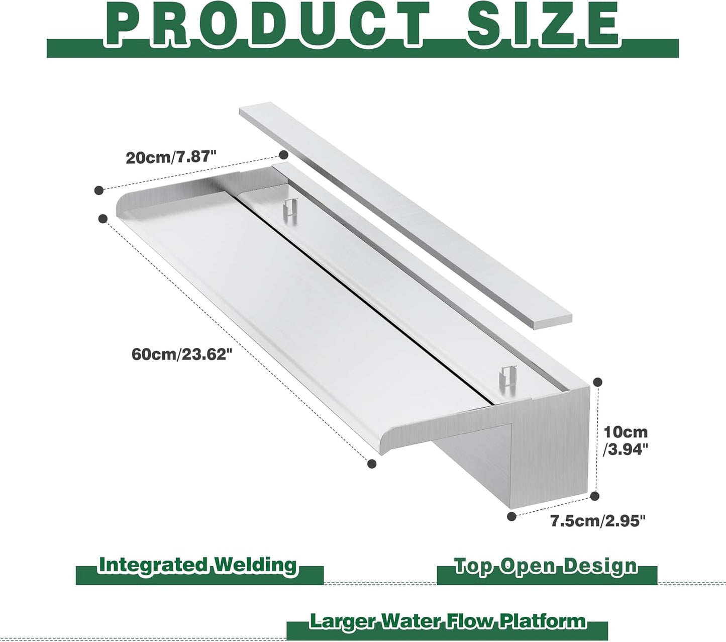 Waterfall Pool Fountain, LONGRUNNEW Stainless Steel Waterfall Spillway with Pipe Connector Kits for Outdoor/Indoor Decorative, 23.6 Inches Pool Water Feature for Garden Patio, Backyard Koi Pond Decor