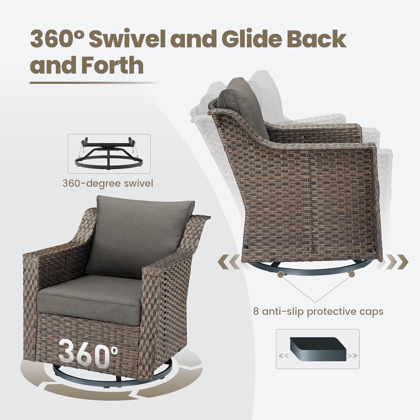 Outdoor Patio Wicker Swivel Chairs - Set of 4 Outside Rattan Rocker Glider Chair Rocking Armchairs for Front Porch Balcony Backyard Yard Deck Poolside Apartment – Brown/Grey