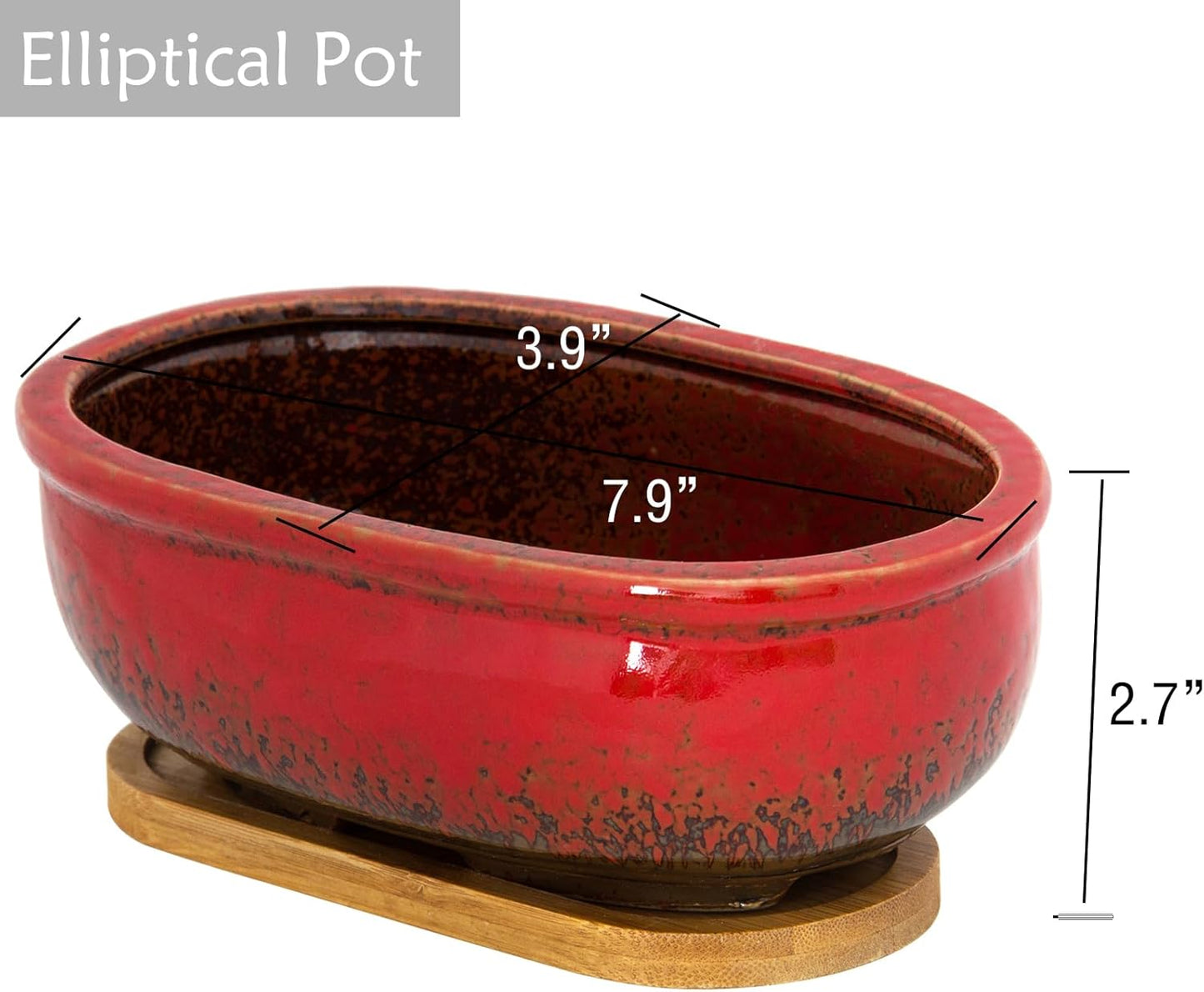 ARTKETTY Succulent Pots, 1 Rectangle Planter + 1 Ceramic Bonsai Pot with Drain Tray, 2 Pack Large Shallow Succulent Planters for Indoor Plants, Round Cactus Flower Plant Pot for Desk Windowsill Decor