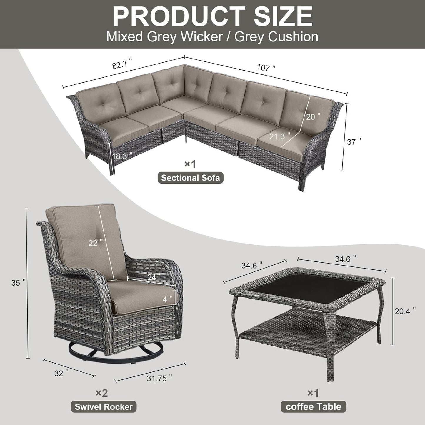 Outdoor Furniture Sectional Sofa L Shaped Couch - Patio Wicker Set with 2 Swivel Glider Chairs, 5 Piece Rattan Patio Conversation Sets with Gray Cushion for Deck Backyard Sunroom