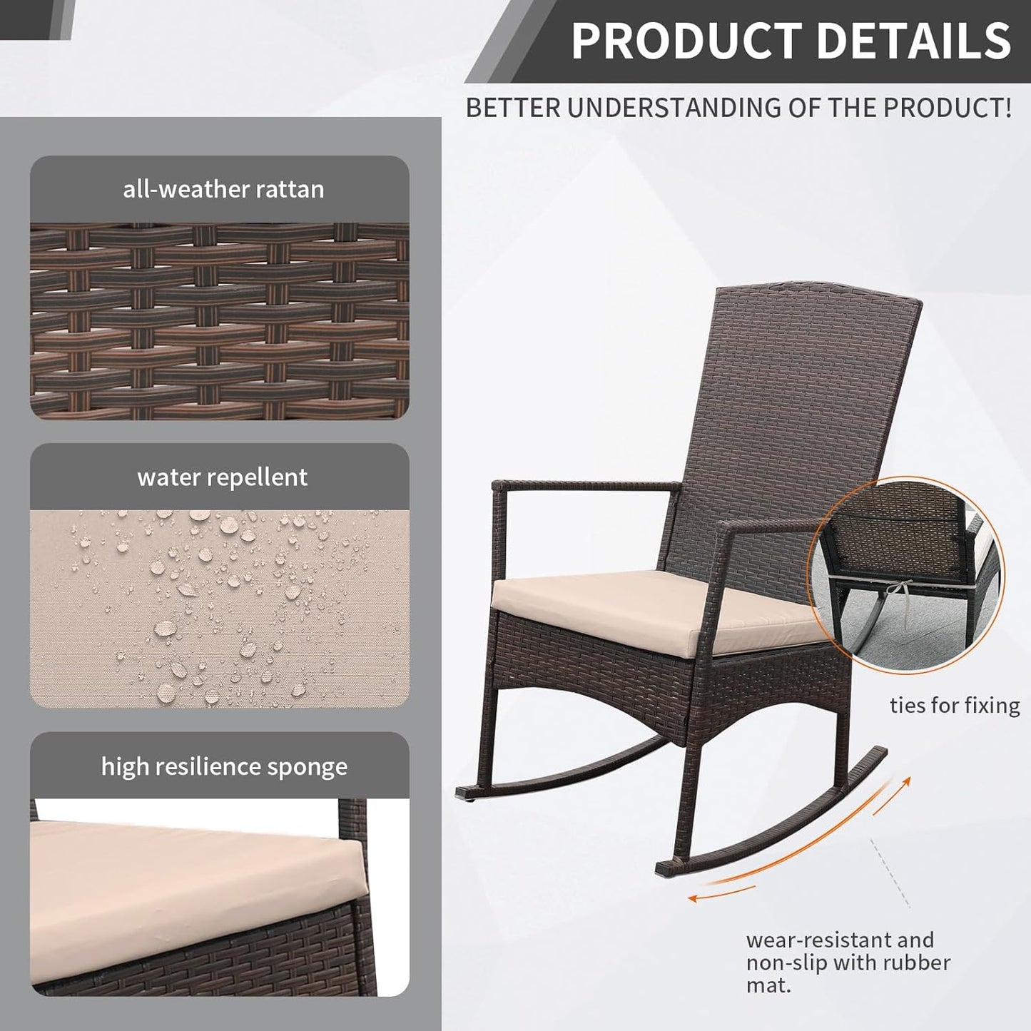 Outdoor Rocking Chair 3 Pieces High-Backed Rocking Chair Outdoor Patio Rocking Chairs Outdoor Table, Khaki