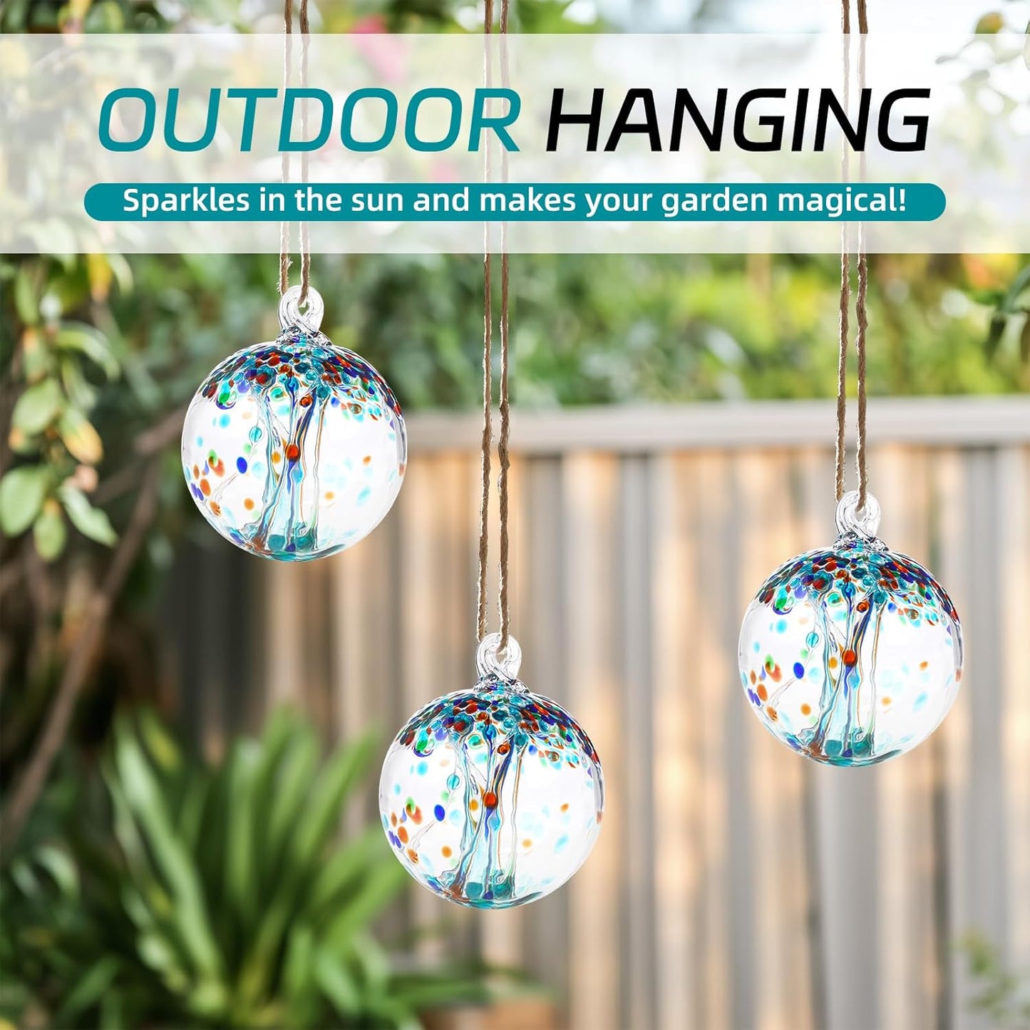 VOREEN 4" Hanging Glass Garden Gazing Ball Hand Blown Glass Witch Ball Christmas Ornament Friendship Balls for Outdoor Garden Patio Window Home Décor, Gift for Mom Wife Friend, Teal Blue