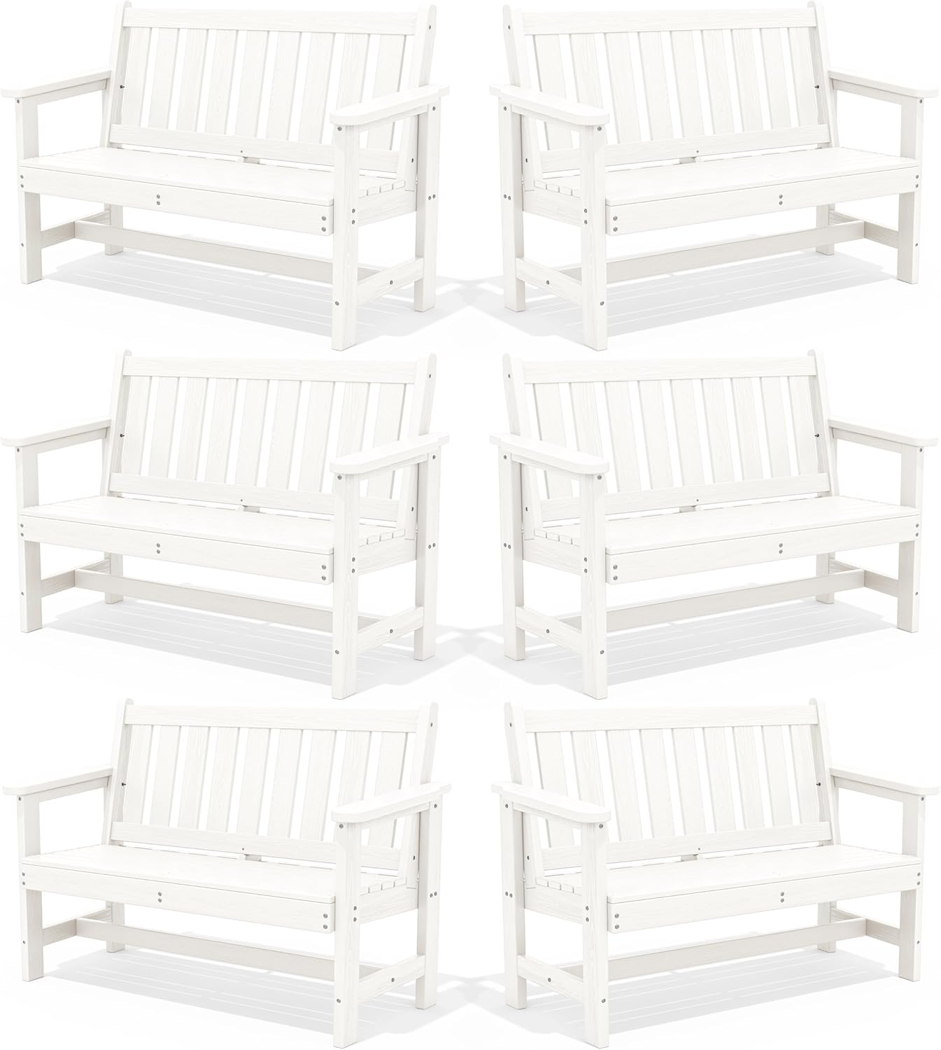 SERWALL Outdoor Bench, HDPE Outdoor Benches Weatherproof, 2-Person Garden Bench with 660 lbs Weight Capacity, Patio Benches for Outdoors, Garden, Porch, Backyard and Park, White, 6 Pack