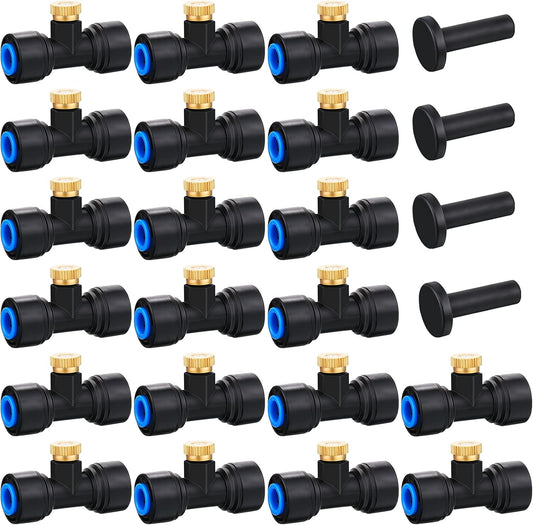 Hotop Brass Misting Nozzles 1/4 Inch Sliding Lock Mister Nozzles Tees with Plugs for Outdoor Cooling System Misting System(20 Pieces)