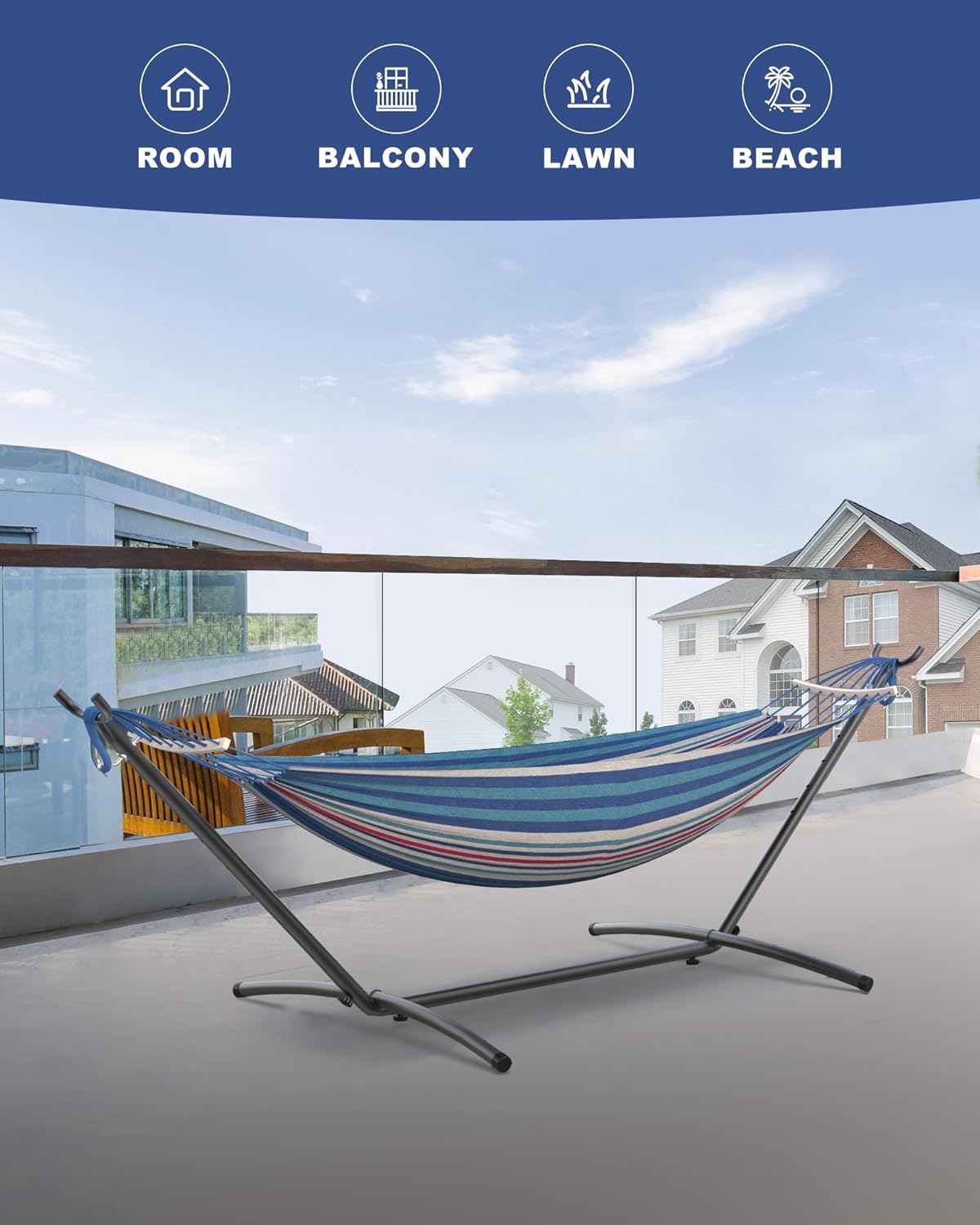 Double Hammock with Heavy-Duty Steel Stand,Portable,Easy Assembly,600lbs Weight Capacity,Suit for Indoor,Yard,Camping,or Outdoor-Fine Blue