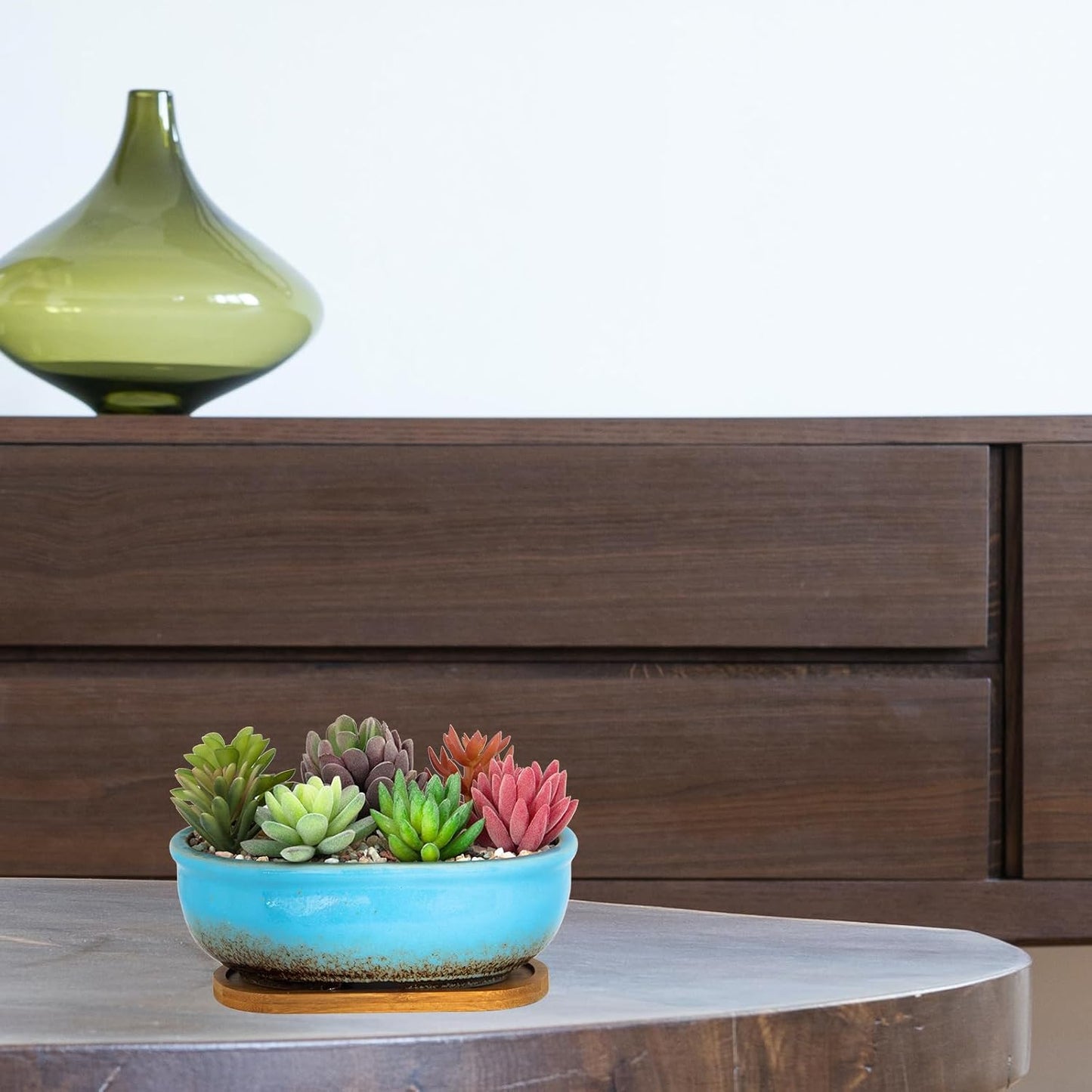 Succulent Pots, 7.9 Inch Long Rectangular Succulent Planters with Drainage Tray, Shallow Planters for Indoor Plants Ceramic Cactus Pots Glazed Bonsai Flower Plant Container for Home Windowsill Decor