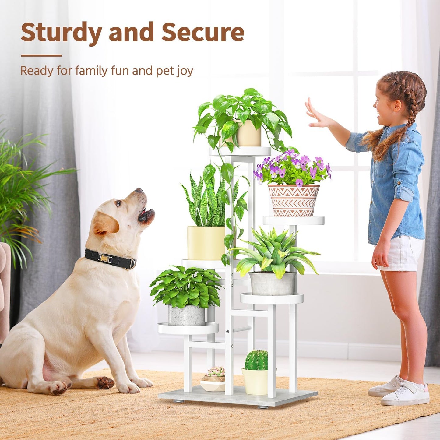 LASZOLA White 5 Tier Plant Stand Indoor Heavy Duty Rack for Modern House Planter, Metal and Wooden Vertical Organizer Decor Narrow Bathroom Floor, Sturdy Multi Level Flower Holder Raised, Cat Proof