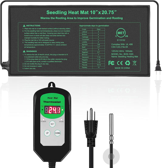 Bestio 10” x 20.75” in Seedling Heating Mat with Digital Thermostat Combo Kit, MET Certified Waterproof and Durable Plantg Heat Mat for Seed Starting,Suitable for Seeding,Indoor Gardening,Greenhouse