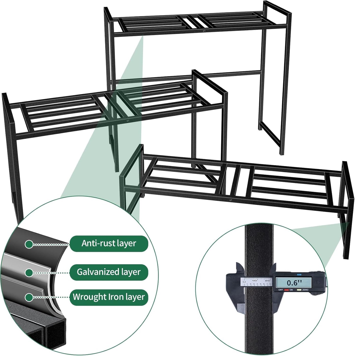 Plant Stand Indoor Outdoor, 3-Tier Wrought Iron Plant Stands, Stackable Metal Plant Shelf Decorative Outdoor Flower Stand Heavy Duty Pedestal Stands for Garden Deck Living Room, Black
